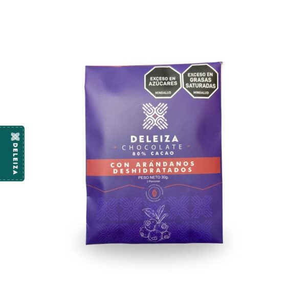 BARRA DE CHOCOLATE 80% FRUTA DESHIDRATADA ARANDANOS 30gr.