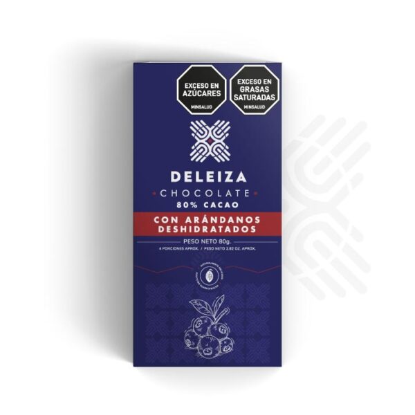 BARRA DE CHOCOLATE 80% FRUTA DESHIDRATADA ARANDANOS 80gr.